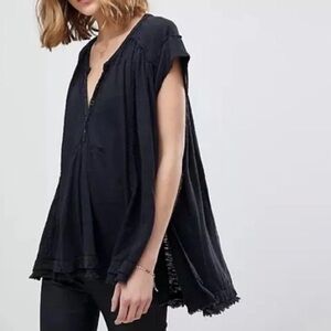 Free People Black Frayed Hem Blouse